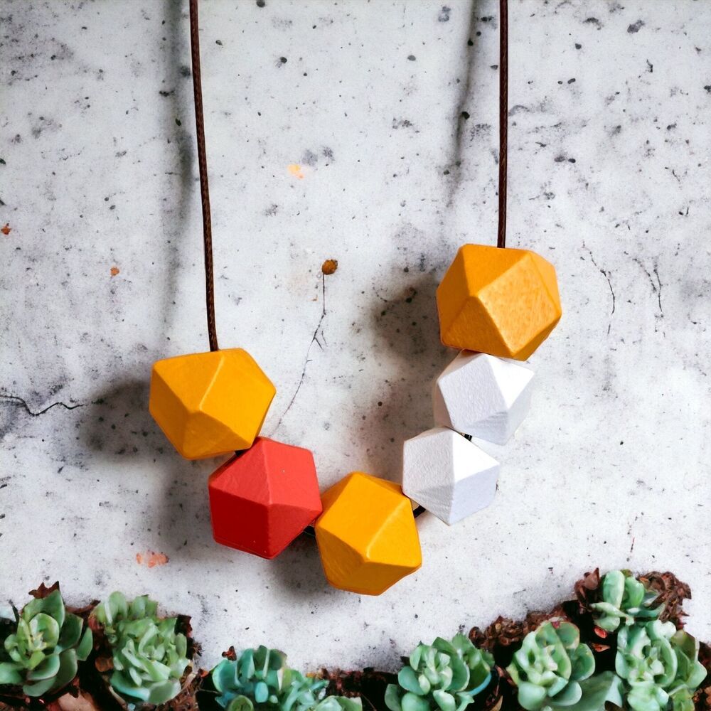 Tangerine, White, and Coral Handmade Wooden Geometric Necklace